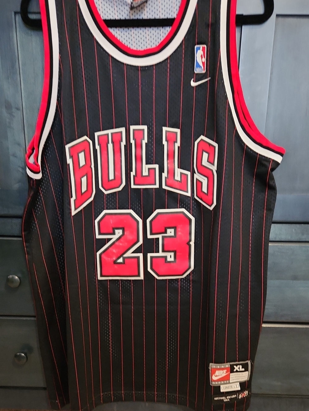 Nike Black and Red Chicago Bulls #23 Pinstripe Jersey